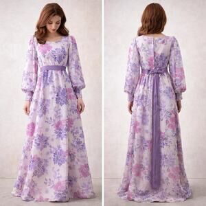 Vintage 60s Emma Domb Purple Floral Empire Waist Prom Bridesmaid Dress